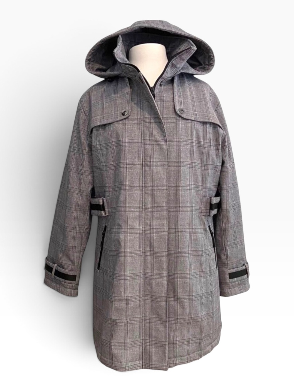 North Side Plaid Hooded Quilted Lined Rain Jacket Womens 16W hood neutral plus